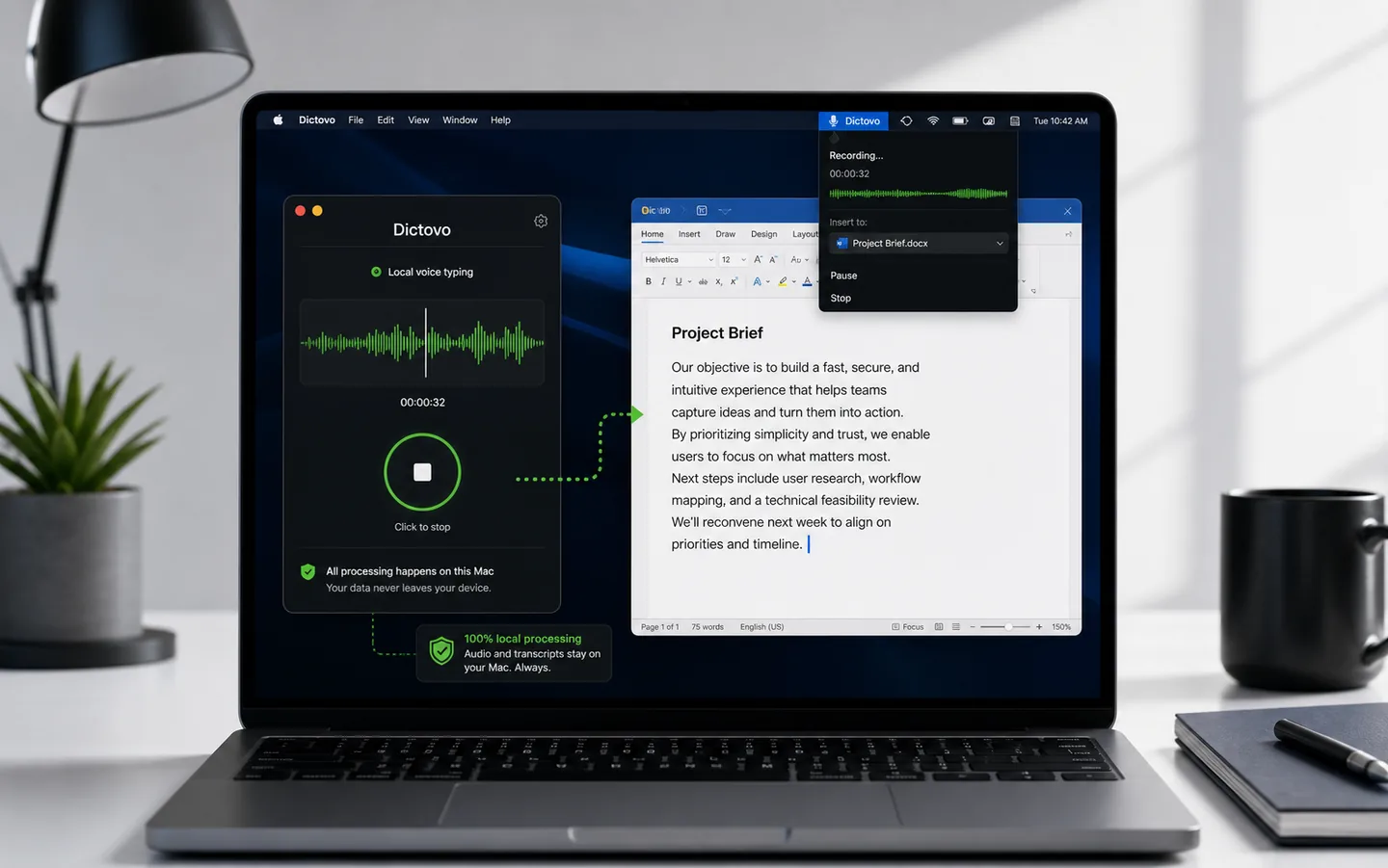 Dictovo running as a local voice typing utility on a laptop
