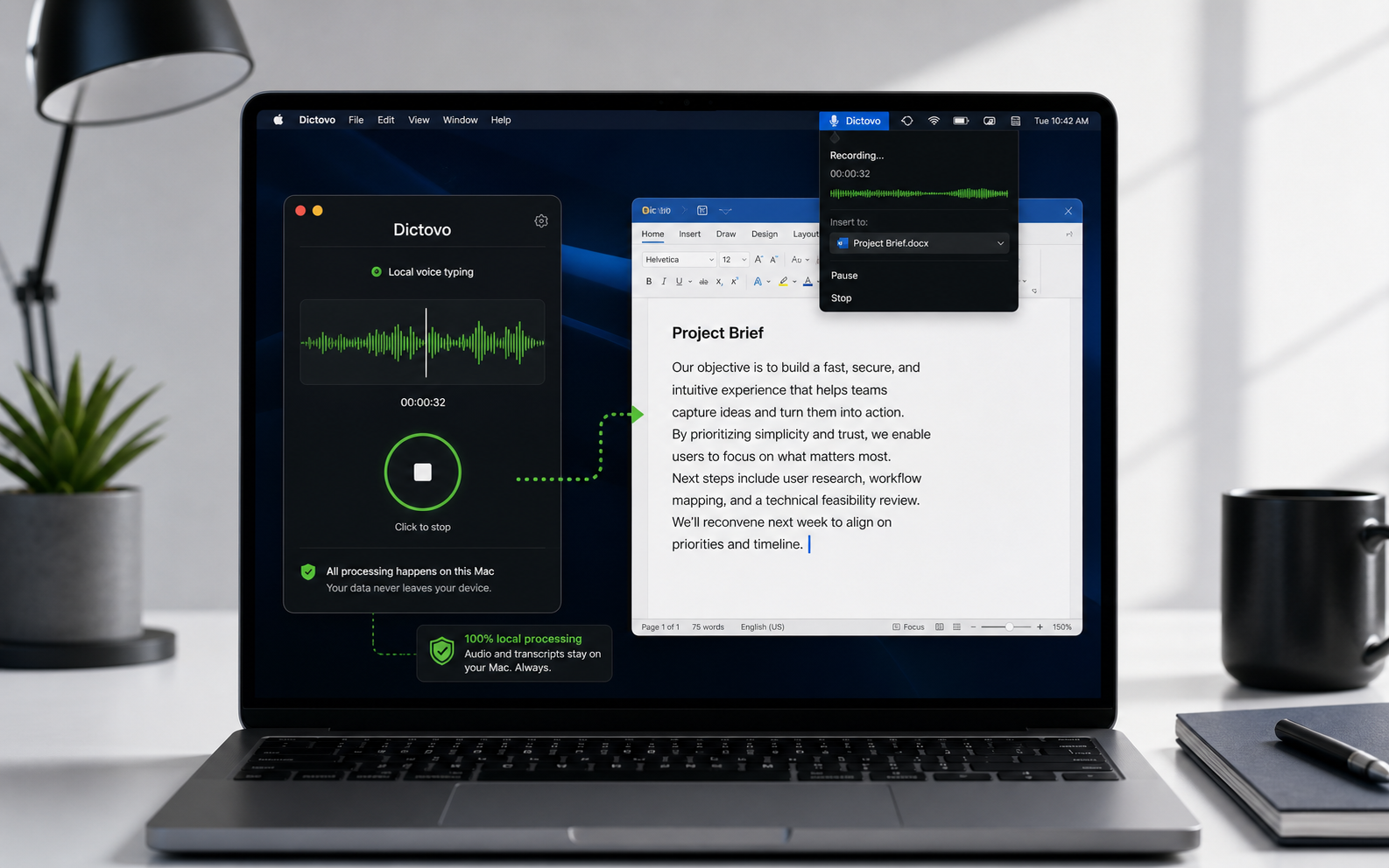 Dictovo running as a local voice typing utility on a Mac laptop